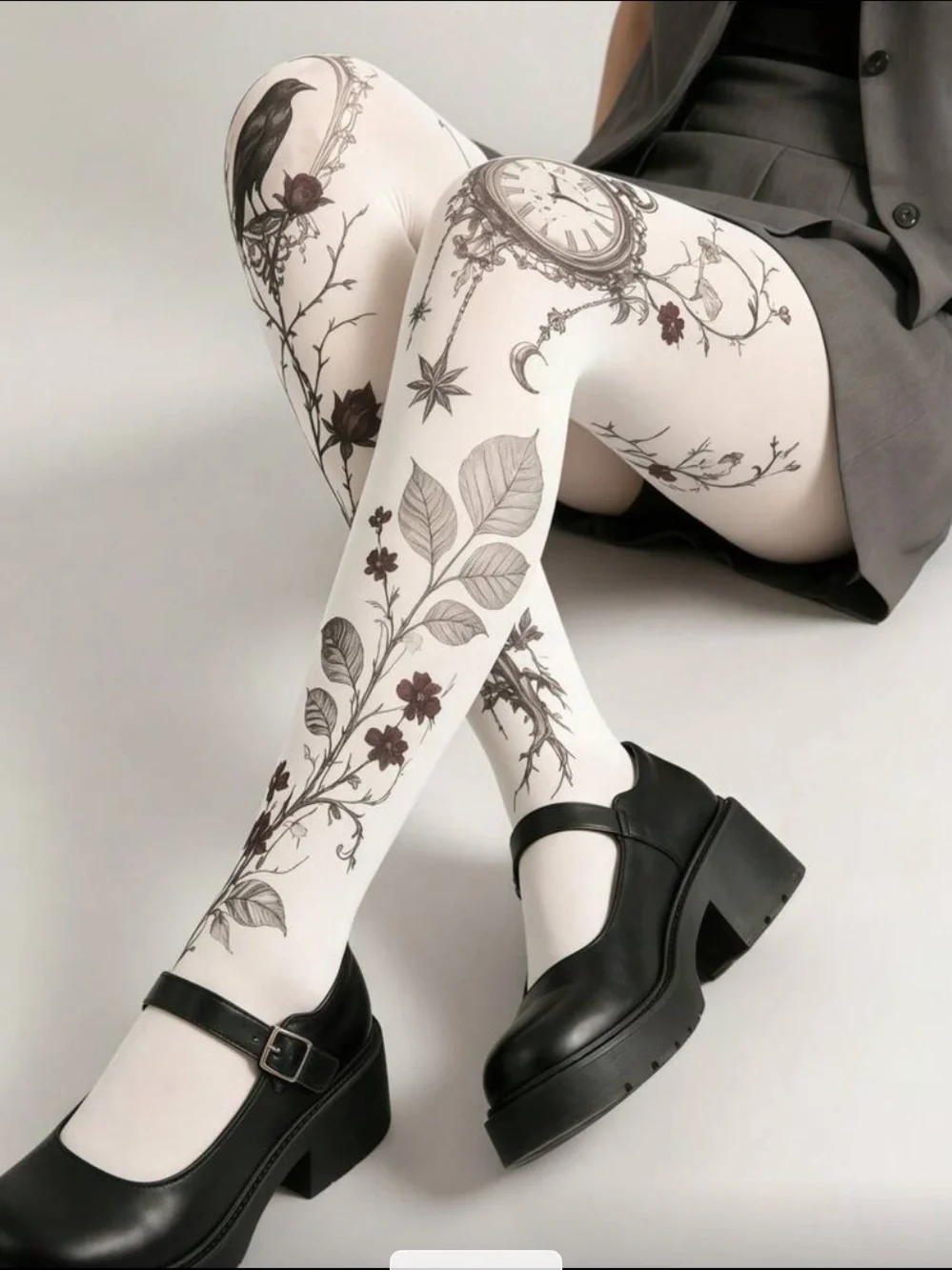 Floral Raven & Pocket Watch Printed Tights in White